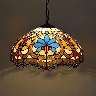 Imagem de Lustre vintage estilo Tiffany, luminária pendente barroca marrom com vitral, altura ajustável, lâmpada de teto LED E27 para decoração de sala de estar, quarto e sala de jantar, 40 cm
