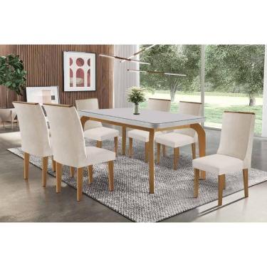 Imagem de Mesa Cozinha Londrina c/ Tampo Madeirado c/ Vidro Canto Curvo 180x90cm e 6 Cadeiras Dakota Madeira Maciça Naturale/Off White - Capuccino/Suede Creme-R