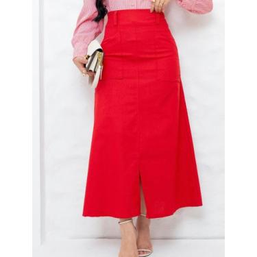 Imagem de Saia Midi Social de Linho Básica Lisa com Bolso Fenda Elegante Soltinh