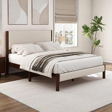 Imagem de Cama plataforma de estofamento moderno tamanho queen com moldura de madeira durável, cabeceira confortável preenchida com espuma e base de ripas de suporte, sem necessidade de mola box, 220 cm C x 163