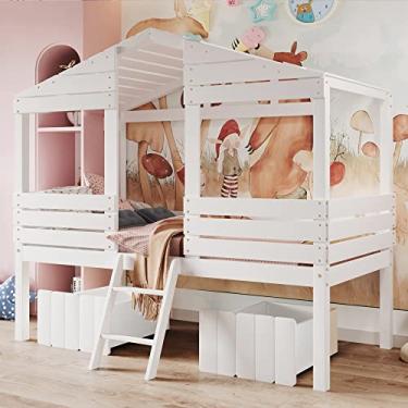 Imagem de Cama Twin Size Low Loft Wood House com duas gavetas, moldura de madeira com telhado, escada e grande espaço de armazenamento embaixo da cama, sem necessidade de mola box, 205 cm C x 103 cm L x 180 cm