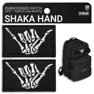 Imagem de Bluyellow Pacote com 2 adesivos Shaka Hand Patch Quality Hook & Loop Bordado Esqueleto Mão Shaka Adesivos Táticos para Mochila Militar Colete Tático Capacete Militar Colete de Cachorro Arreio Aloha
