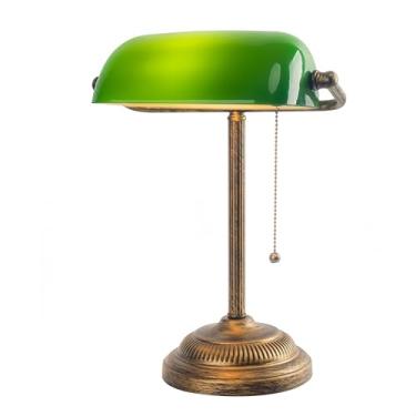 Imagem de FIRVRE Luminária de mesa Bankers com interruptor de corrente, abajur de vidro verde, base de bronze E26, lâmpada de biblioteca vintage para escritório, sala de estudo