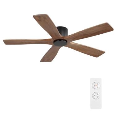 Imagem de WINGBO Ventiladores de teto CC de montagem embutida de 122 cm sem luzes, 5 lâminas de madeira maciça esculpida, motor CC reversível de 6 velocidades, ventilador de teto de baixo perfil, sem luzes para