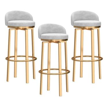 Imagem de Banquetas de bar conjunto de 3 bancos de bar giratórios de veludo com encosto baixo, cadeira de bar para ilha de cozinha, bancos de bar modernos com pernas de metal dourado, altura do assento