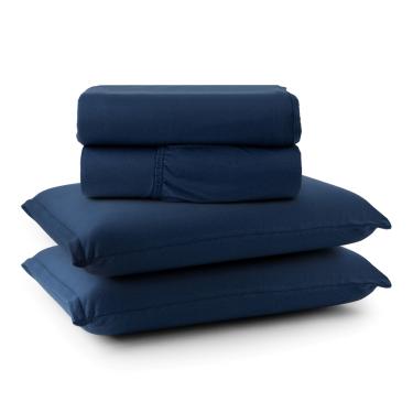 Imagem de Jogo Cama Lençol Sonnet Casal Padrão Malha Lisa 100% Algodão Macio 4 Peças - Azul Marinho