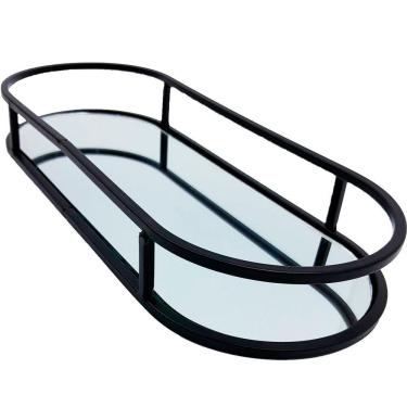 Imagem de Bandeja Oval Espelhada Metal Preto Lavabo Multiuso 30x12cm