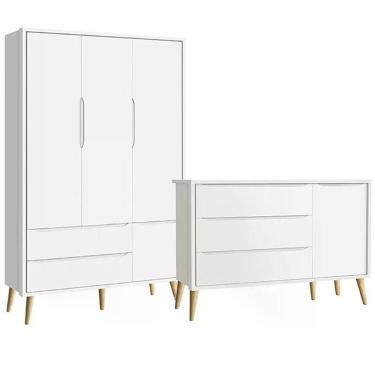 Imagem de Guarda Roupa 3 Portas E Cômoda Com Porta Theo Branco Fosco Pés Madeira Natural - Reller Móveis Branco Fosco