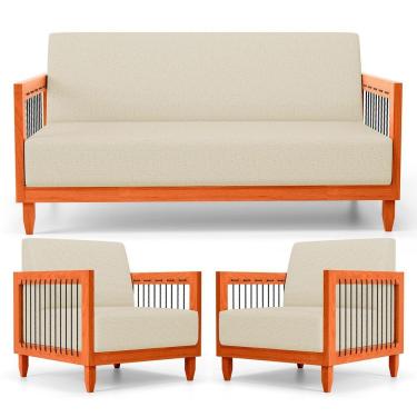 Imagem de Kit 02 Poltronas E 01 Sofá Samoa Madeira Maciça Com Cordas Náutica Linho Pérola - Abmaza