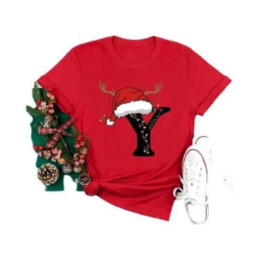 Imagem de Camiseta Feminina Vermelha De Natal Com Alfabeto 26 A-Z Casual Fashion