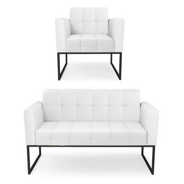 Imagem de Kit 1 Sofá Namoradeira e 1 Poltrona Elisa Corino Branco Base Metálica Industrial Preto D03 - D'Rossi