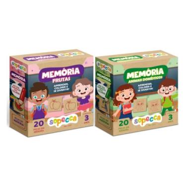 Imagem de Kit 2 Jogos da Memória Peças de Madeira Brinquedo Educativo Animais e 