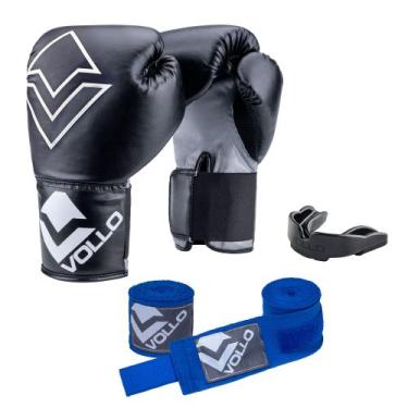 Imagem de Kit Boxe Vollo Iniciante Luva 12Oz + Protetor Preto + Bandagem Azul - 