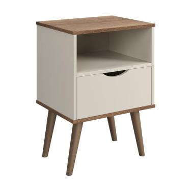 Imagem de Mesa Cabeceira Grécia Quarto Mesinha Organizadora Gaveta Nicho Pés Retrô Decoração Clássica Corrediças Metálicas (Off White/Freijó)