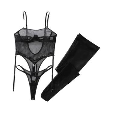 Imagem de Conjunto De Lingerie Sexy Em Tule Com Meias Longas, Modelador Para Aum