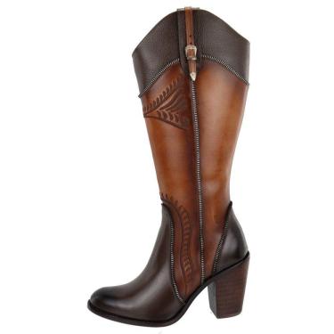 Imagem de Bota Couro Texana Country Feminina Cano Alto Longo Salto Alto Bloco Detalhe Bordados e Ziper Festa do Peao