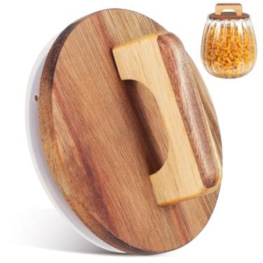 Imagem de BESTonZON Tampas de armazenamento de madeira de acácia de 10 cm - tampas de madeira reutilizáveis para potes de esferas, recipientes selados de vidro e tampas de frascos com alças para tampa de