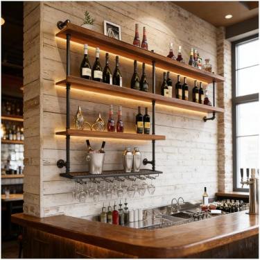 Imagem de Prateleira grande de madeira maciça de 80 cm montada na parede, prateleiras de bar de parede para garrafas de bebidas com luz LED, rack de copo de vinho de 4 níveis, capacidade de licor para bar, sala