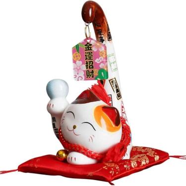 Imagem de Maneki Neko Gato Sorte Porcelana Calda Longa com Almofada Decoração Oriental