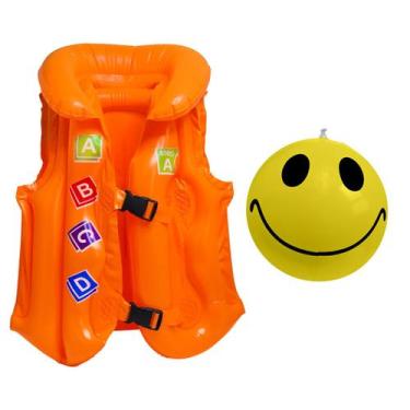 Imagem de Kit Infantil Verão com Colete Salva Vidas Inflável e Bola de Praia Emo