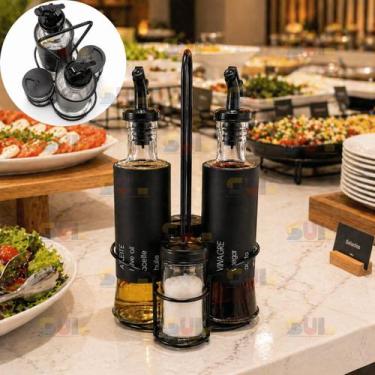 Imagem de Kit 5 Peças Galheteiro Vidro 300ml + Porta Condimentos 85ml c/ Suporte
