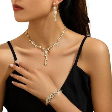 Imagem de Kit Feminino Strass Colar Brinco Pulseira Elegante Luxo Fest - - anjo 