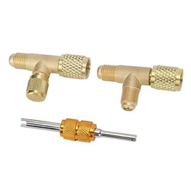Imagem de Camiseta de acesso rápido do acoplador, válvula à prova de vazamento de latão 1/4 pol. núcleo Tee adaptador com válvulas Chave de núcleo e conector giratório Ferramentas de reparo de ar condicionado duráveis para coletor de bomba de vácuo profundo