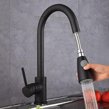 Imagem de 2 modos torneira de latão pullout extra longo esticamento torneira 360 graus multifuncional furo de alça única misturador quente pia de cozinha, cobre preto, china