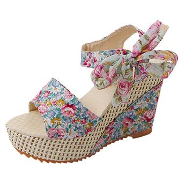 Imagem de Sandálias femininas elegantes, sandálias femininas plataforma salto anabela floral flor cadarço sapatos calçados, Azul, 6