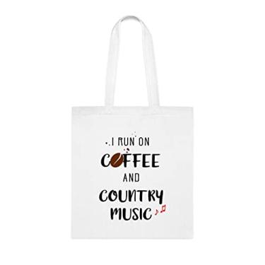 Imagem de Sacola I Run On Coffee And Country Music Tote Bag, presente engraçado para amantes de música country, bolsa de ombro, bolsas reutilizáveis, ideia de presente de cesta de Natal de aniversário, Branco