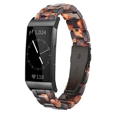 Imagem de Pulseira Ayeger compatível com relógio inteligente Fitbit Charge 3, Pulseiras de resina fashion para homens e mulheres, pulseira de substituição de metal aço inoxidável com fivela de ouro rosa (tartaruga preta)