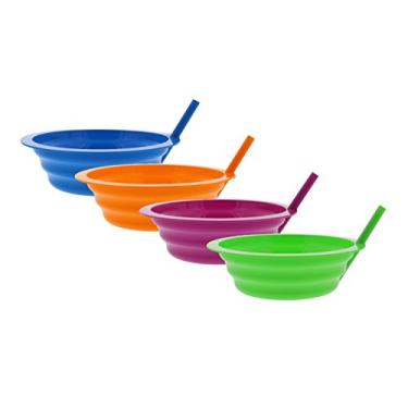 Imagem de Conjunto de 4 unidades de seta Sip-A-Bowl, canudo embutido – 60 ml tigelas reutilizáveis para parar derrames líquidos: leite de cereal, sorvete – facilita o café da manhã/lanche – pode ser lavado na lava-louças – azul, rosa, verde e laranja