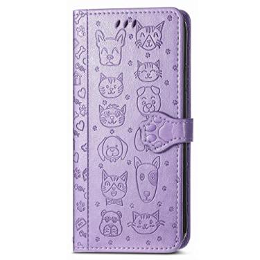 Imagem de Hee Hee Smile Capa carteira de couro de animais de desenho animado bonito capa carteira com zíper para Redmi K40 capa de telefone para jogos alça de pulso roxa