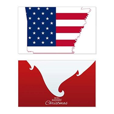 Imagem de Mapa da América do Arkansas com estrelas listradas, formato de bandeira, cartão de Natal, mensagem vintage de Natal
