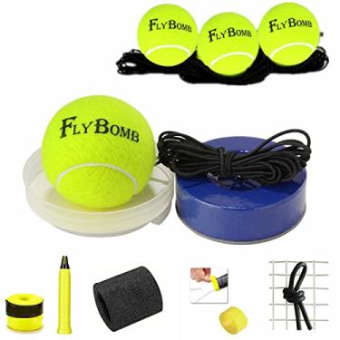 Imagem de Flybomb Treinador de tênis portátil, peso de 900 g, base de ferro pesado, ferramenta de treinamento de tênis, bola de tênis, autoestudo, 3 bolas de rebote de substituição + pulseira + overgrip + anel