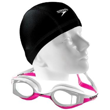 Imagem de Kit De Natação Speedo Óculos Focus Juvenil Adulto + Touca De Tecido Xtrafit Confortável (Rosa/transparente)