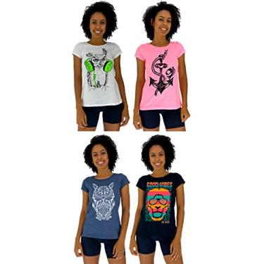 Imagem de Kit 4 Babylook Feminina MXD Conceito Algodão Gola Canoa Blusinha T-shirt Camiseta (M, Branco, Rosa, Mescla Marinho, Preto)