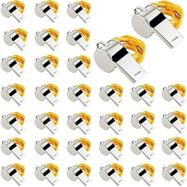 Imagem de BIMIGET Apito de treinador, pacote com 35 apitos de árbitro de futebol com cordão para treinamento esportivo de emergência (prata)