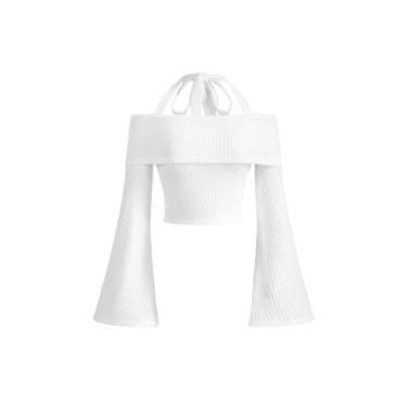 Imagem de MakeMeChic Camiseta feminina de malha canelada com decote frente única lisa flare manga longa, Branco, P