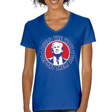 Imagem de Camiseta feminina gola V Donald Trump 2024 Build The Wall Deport Them All MAGA America First FJB Republican President 47, Azul, GG