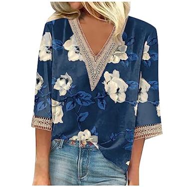 Imagem de Camisetas femininas de verão manga 3/4 com decote em V floral 2024, camisetas femininas casuais com acabamento em renda, blusas femininas elegantes e casuais, Azul royal 141, GG