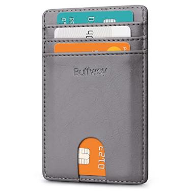 Imagem de Carteira de couro fina minimalista Buffway para cartões masculina e feminina, Seattle Grey, One Size