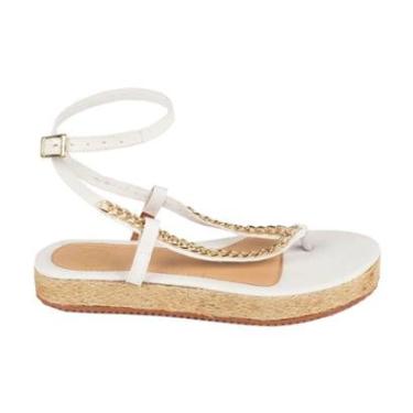 Imagem de Sandália Linda Luiza Branca Salto Médio Plataforma Tiras com Correntes Douradas Amarração Corda Crua-Feminino