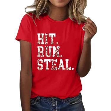 Imagem de Camiseta feminina com estampa de beisebol, gola redonda, manga curta, casual, moderna, túnica de verão, Vermelho, 3G