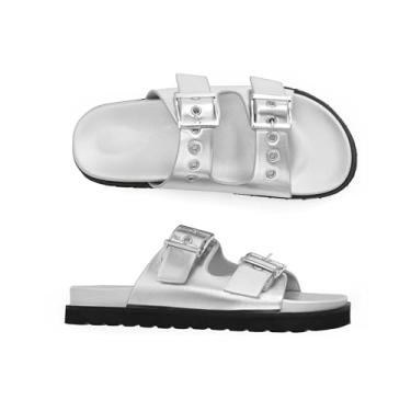 Imagem de Easyfox Sandálias femininas deslizantes com fivela dupla ajustável, plataforma sem fecho, sandálias de verão, A prata, 36 BR