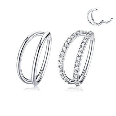 Imagem de Dochais 2 peças de anéis de nariz, brincos de titânio, piercing de septo, zircônia cúbica, clicker, segmento articulado, lábio de concha de septo G23, argolas duplas de titânio, 16G, 18G, anéis de