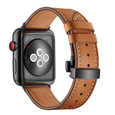 Imagem de Pulseiras de couro compatíveis com Apple Watch SE séries 7, 6, 5, 4, 3, 2 e 1 de 42 mm, 44 mm, pulseira marrom preta