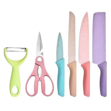 Imagem de Conjunto Jogo Facas Cozinha Kit 6 Peças Churrasco Chef Com Tesoura Descascador Colorido Aço Inox (Multicolor)