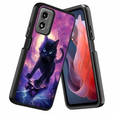 Imagem de DEHJYYIJUY Projetada para Motorola Moto G Play 4G 2024, à prova de choque à prova de poeira/queda, 3 camadas, resistente, capa protetora robusta para Moto G Play 4G 2024, gato preto jogando skate