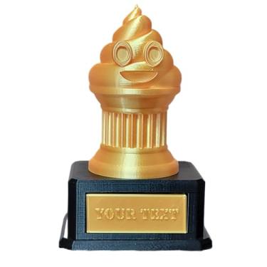 Imagem de Znet3D Troféu de emoji de cocô dourado em pedestal preto com placa de identificação personalizada